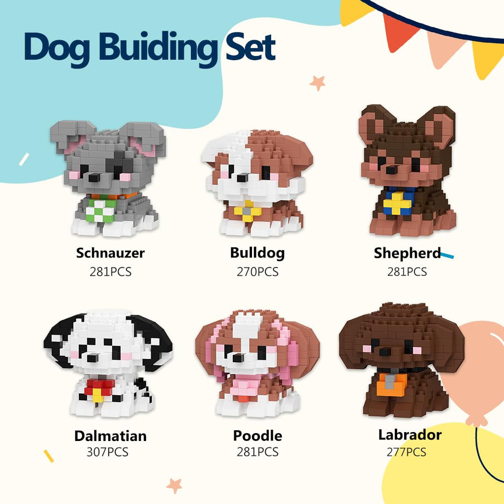 HIGH GODO Dog Party Favors Building Set - 6 Pack Mini Dogs Micro Blocks for Ages 14+
