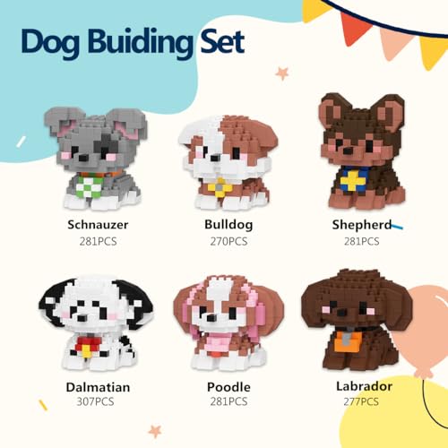 HIGH GODO Dog Party Favors Building Set - 6 Pack Mini Dogs Micro Blocks for Ages 14+