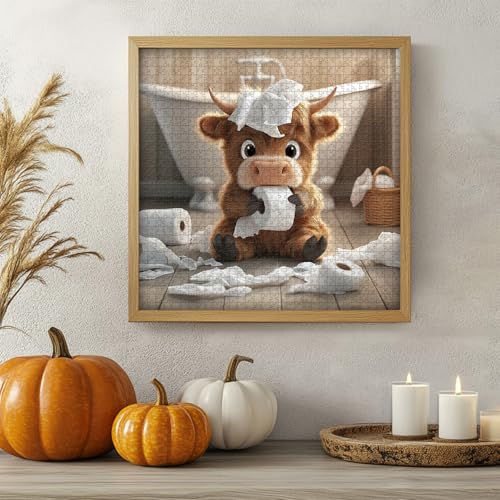 Highland Cow 1000-Piece Puzzle - Funny Calf Bathroom Scene, 23.85 x 23.85 inches