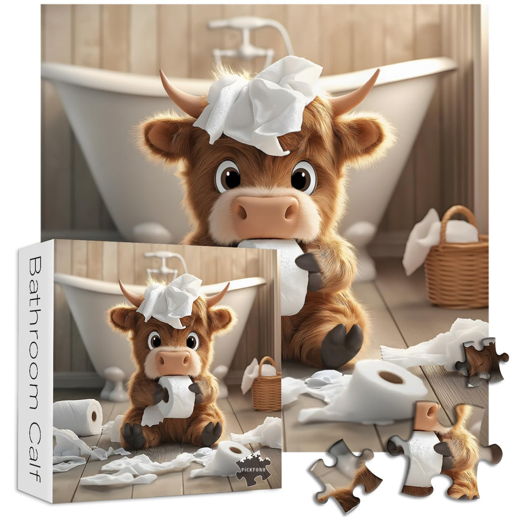 Highland Cow 1000-Piece Puzzle - Funny Calf Bathroom Scene, 23.85 x 23.85 inches
