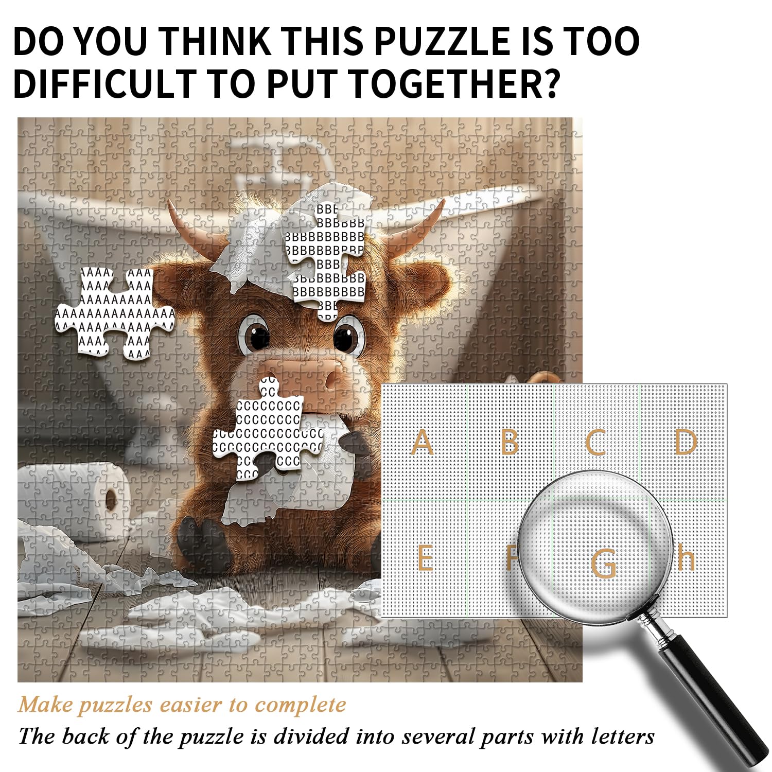 Highland Cow 1000-Piece Puzzle - Funny Calf Bathroom Scene, 23.85 x 23.85 inches
