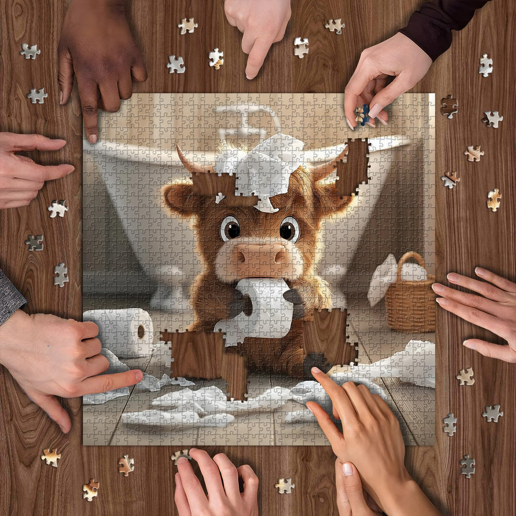 Highland Cow 1000-Piece Puzzle - Funny Calf Bathroom Scene, 23.85 x 23.85 inches