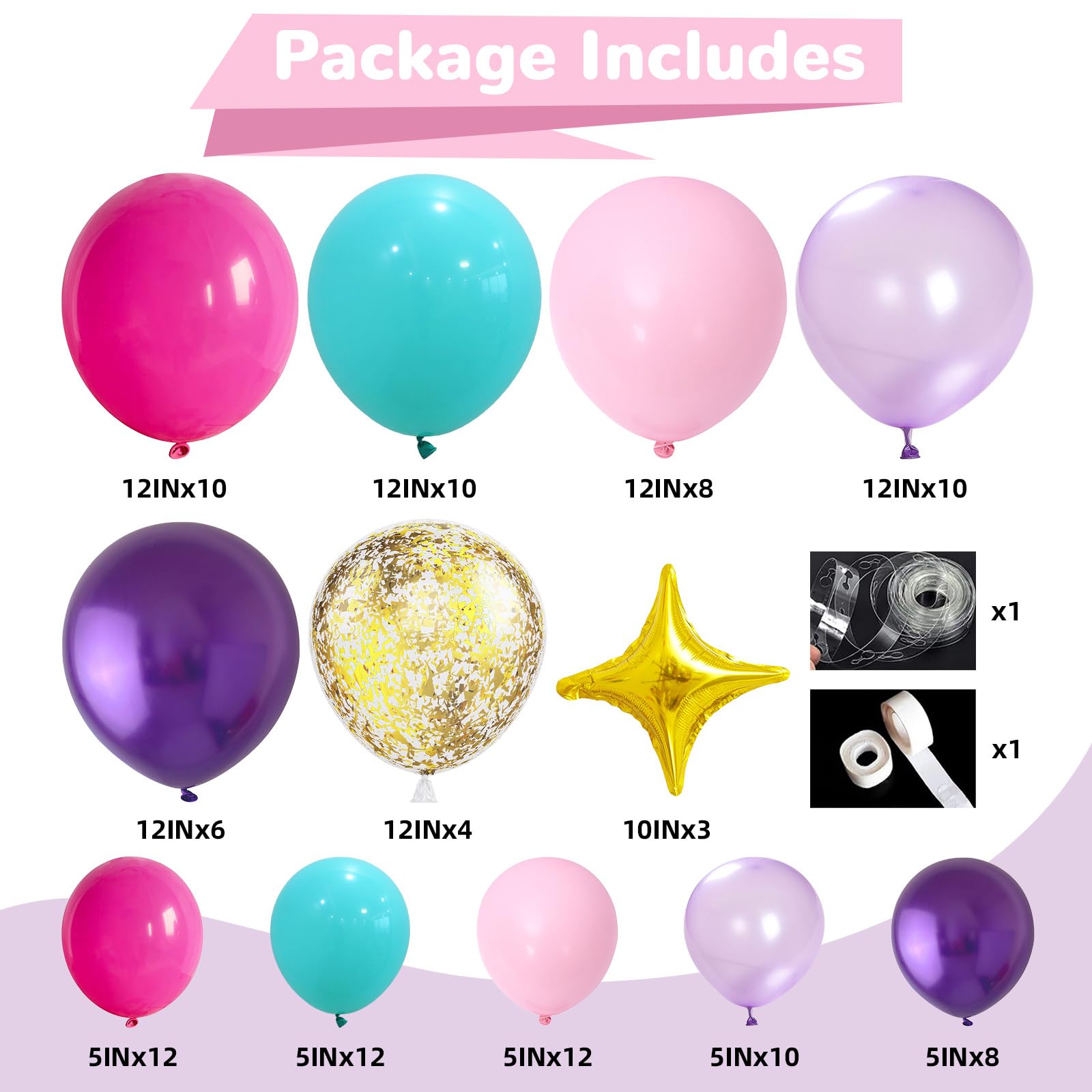 HILAVO 105-Piece Balloon Arch Kit: Teal, Hot Pink, Metallic Purple, Pastel Pink, Pearl Purple, Gold Confetti & Star Foil Balloons