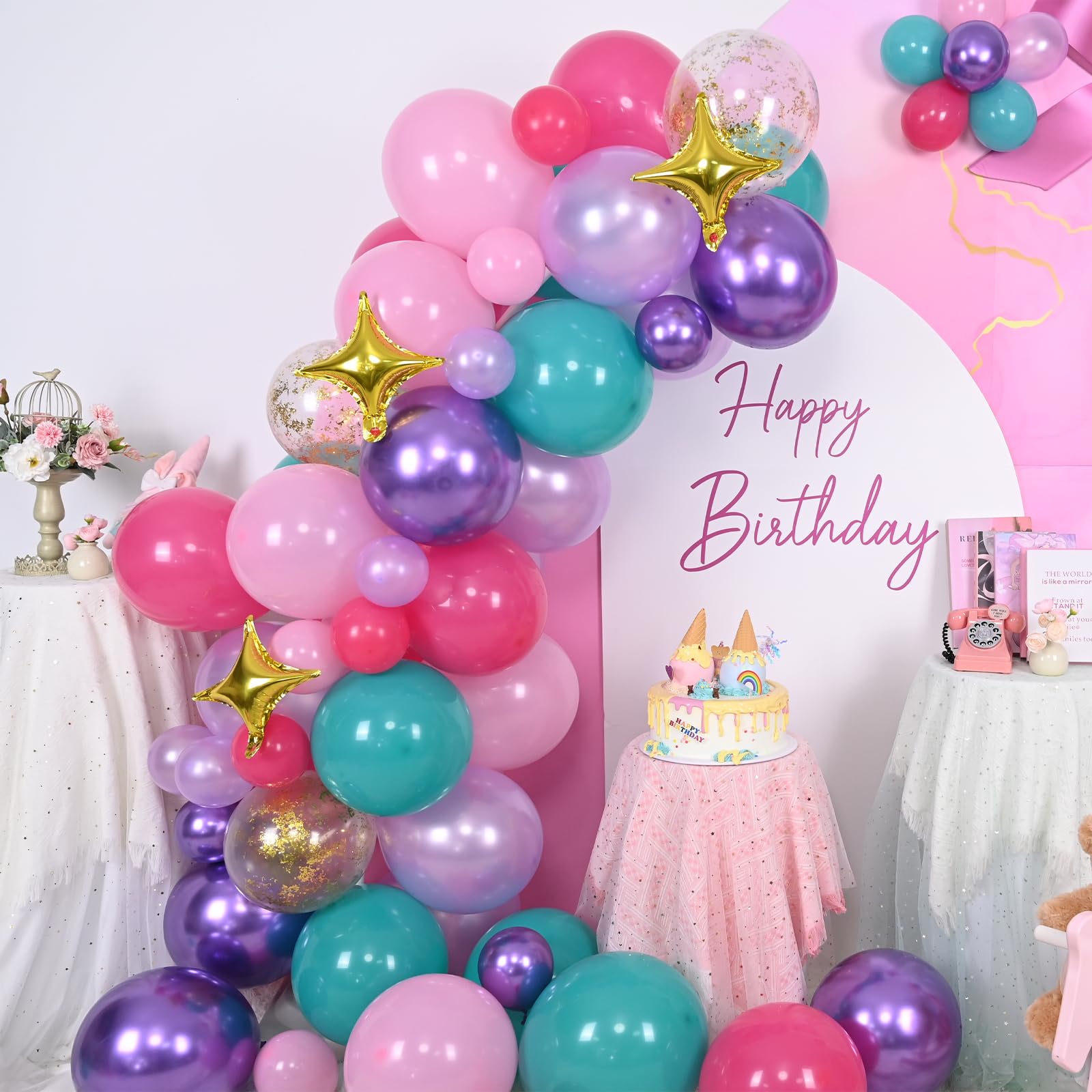HILAVO 105-Piece Balloon Arch Kit: Teal, Hot Pink, Metallic Purple, Pastel Pink, Pearl Purple, Gold Confetti & Star Foil Balloons