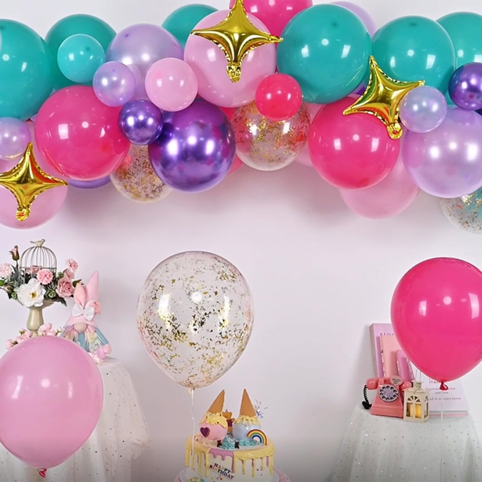 HILAVO 105-Piece Balloon Arch Kit: Teal, Hot Pink, Metallic Purple, Pastel Pink, Pearl Purple, Gold Confetti & Star Foil Balloons