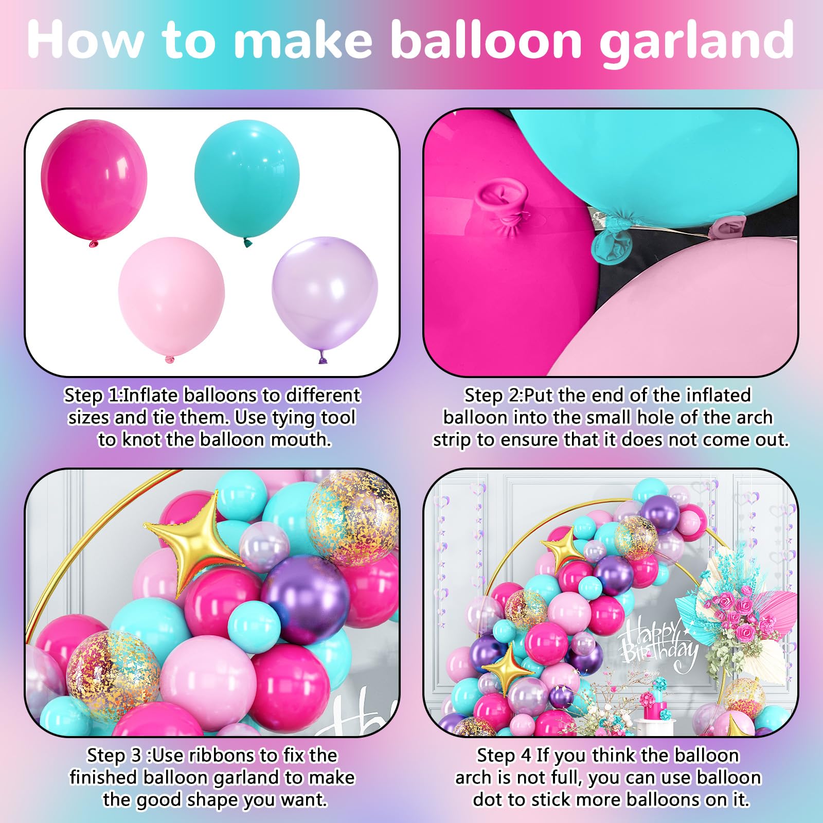 HILAVO 105-Piece Balloon Arch Kit: Teal, Hot Pink, Metallic Purple, Pastel Pink, Pearl Purple, Gold Confetti & Star Foil Balloons