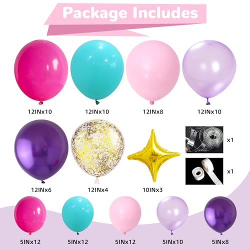 HILAVO 105-Piece Balloon Arch Kit: Teal, Hot Pink, Metallic Purple, Pastel Pink, Pearl Purple, Gold Confetti & Star Foil Balloons