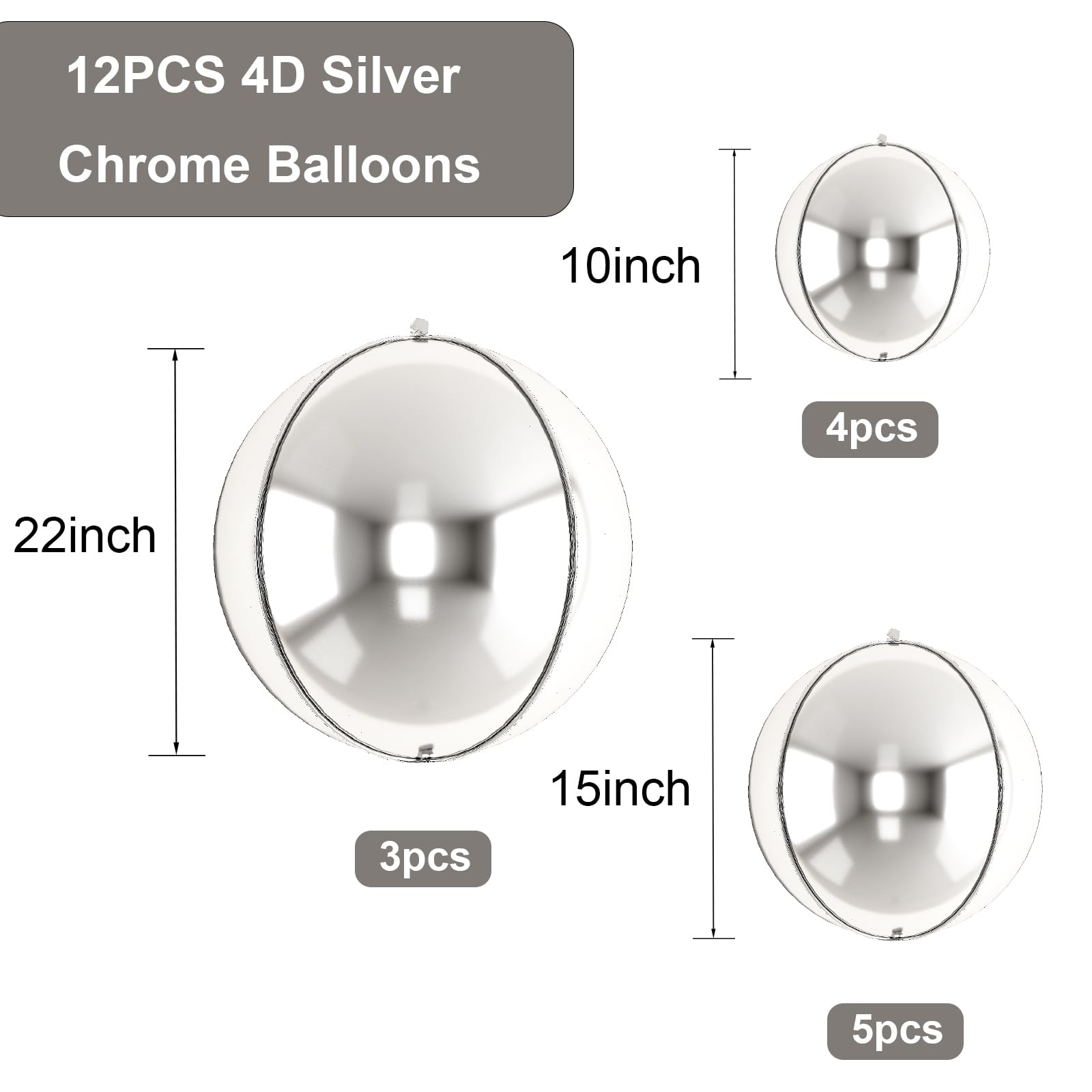 HILAVO 12-Pack Silver Foil Balloons - 22, 15, and 10 Inch 4D Round Balloons for Parties