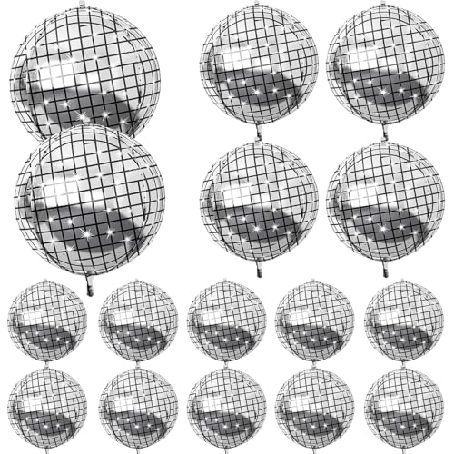 HILAVO 16-Piece Disco Ball Balloons Set - Metallic Silver Foil Balloons for Retro Party Decor