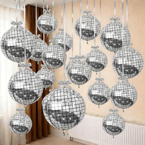 HILAVO 16-Piece Disco Ball Balloons Set - Metallic Silver Foil Balloons for Retro Party Decor