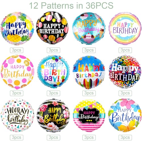 HILAVO 36-Pack 18-Inch Foil Birthday Balloons, 12 Patterns, Reusable Party Decor