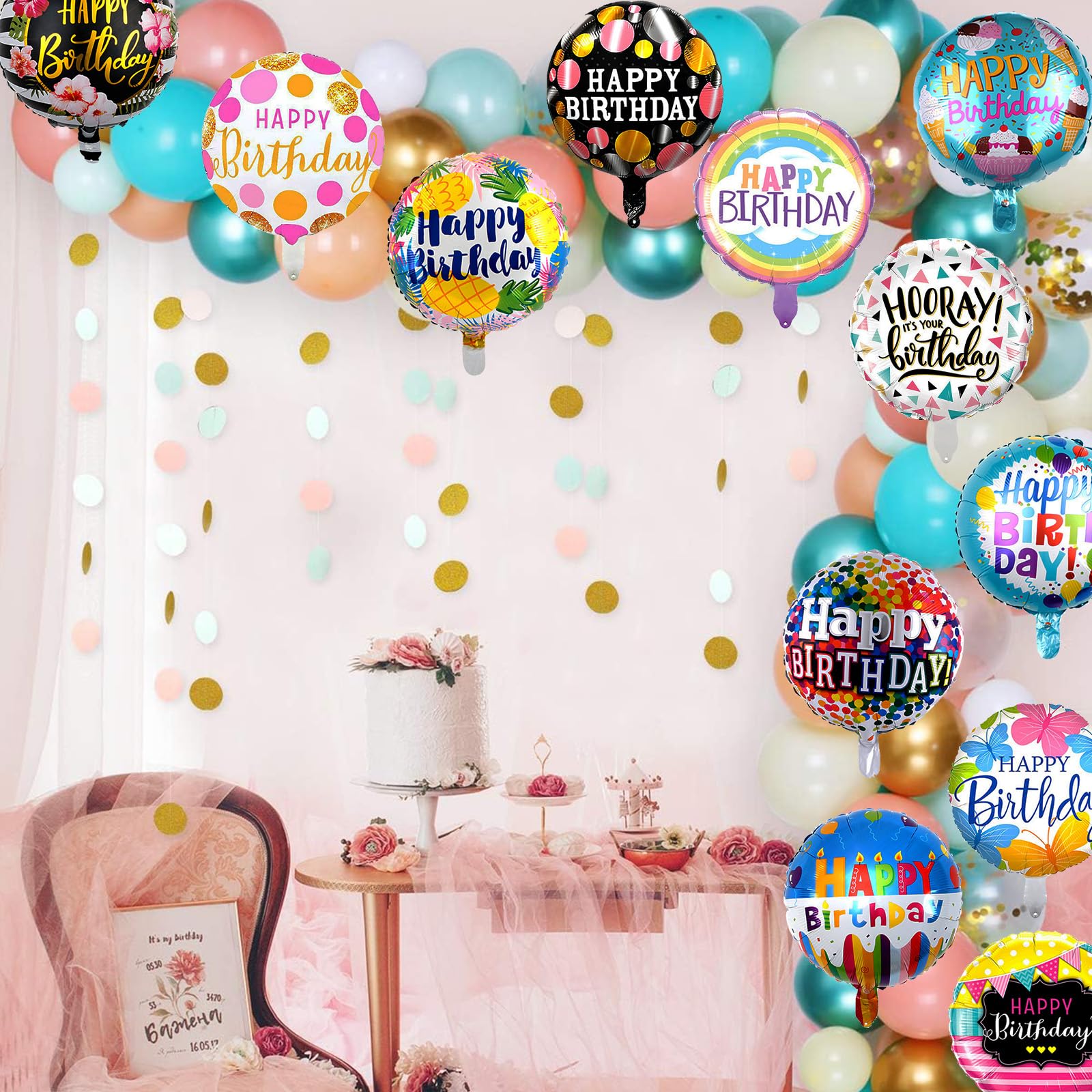 HILAVO 36-Pack 18-Inch Foil Birthday Balloons, 12 Patterns, Reusable Party Decor