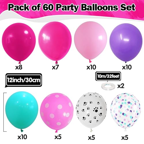 HILAVO 60-Piece Dog Paw Balloons Set – 12 Inch Pink, Purple & Teal Latex Balloons for Party Decor