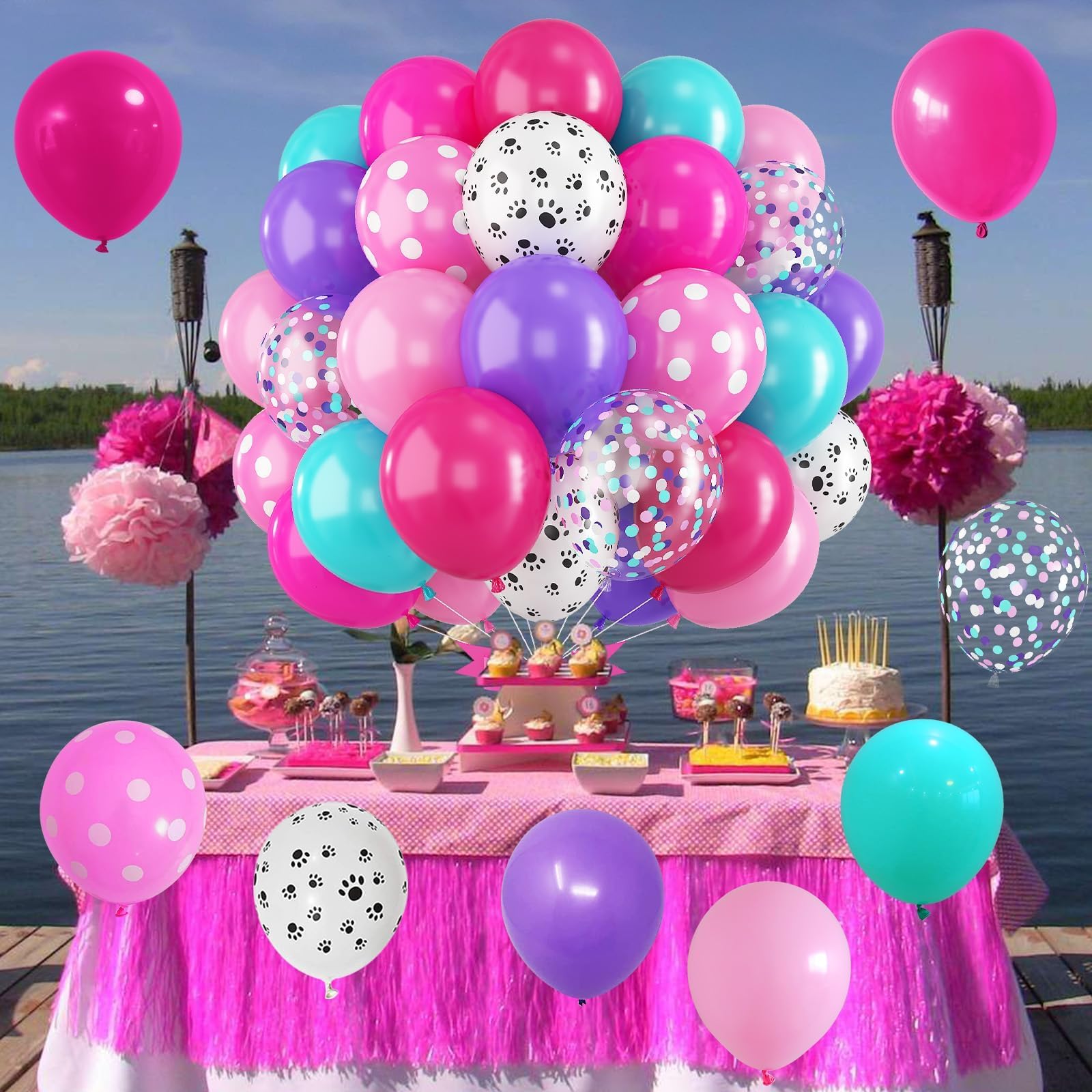 HILAVO 60-Piece Dog Paw Balloons Set – 12 Inch Pink, Purple & Teal Latex Balloons for Party Decor