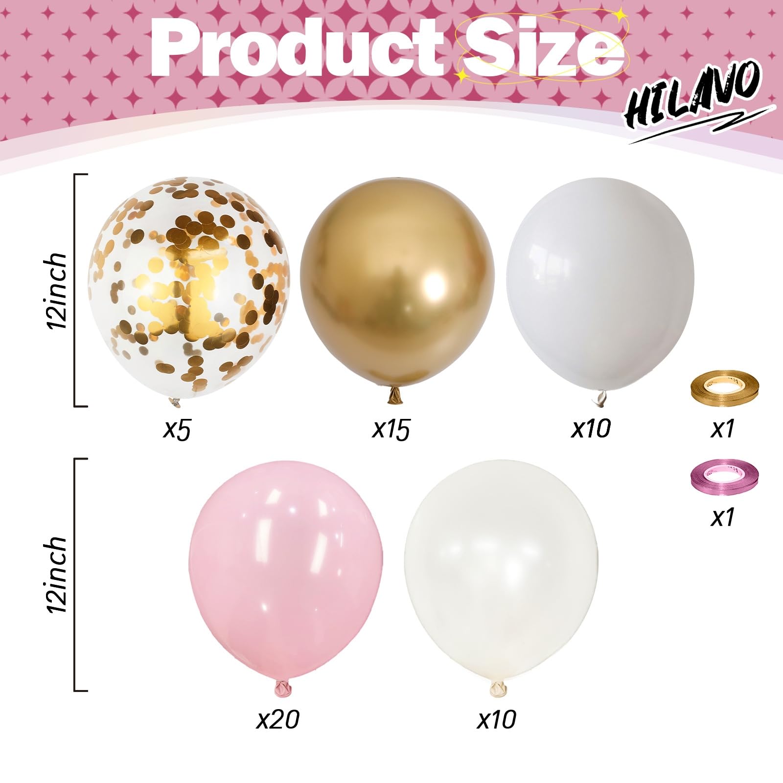 HILAVO 60-Piece Pastel Pink Gold White Balloon Set with Confetti & Ribbons for Birthday Wedding Baby Shower Party Decor