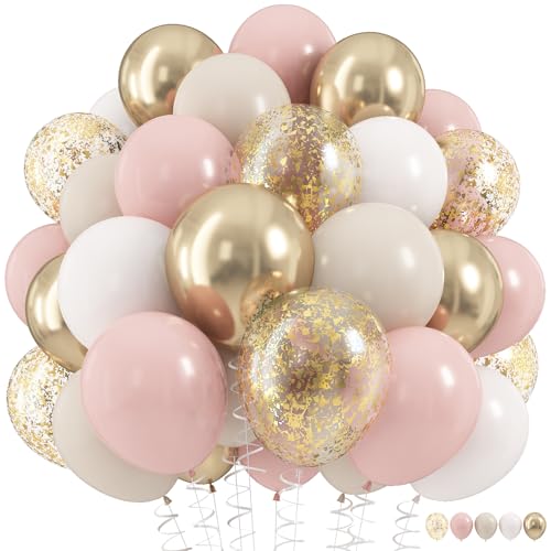 HILAVO 60Pcs Dusty Pink & Gold Balloons Set - 12 Inch Retro Blush, White Sand, Beige, Metallic Gold, Confetti for Party Decor