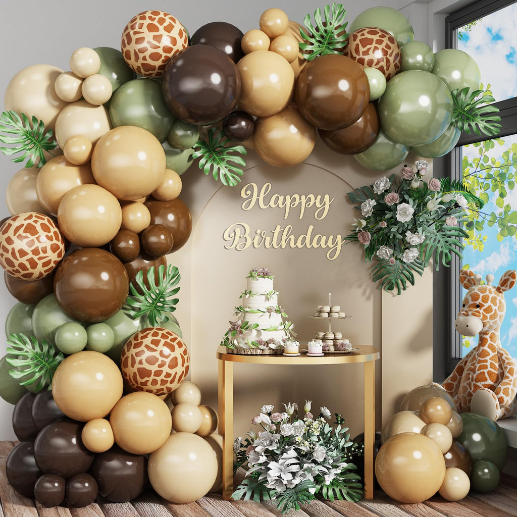 HILAVO 84-Piece Safari Balloon Garland Kit – Sage Green, Brown, Animal Print & Woodland Camo for Jungle/Hunting Themed Parties