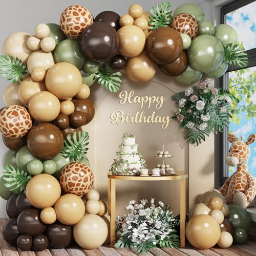 HILAVO 84-Piece Safari Balloon Garland Kit – Sage Green, Brown, Animal Print & Woodland Camo for Jungle/Hunting Themed Parties