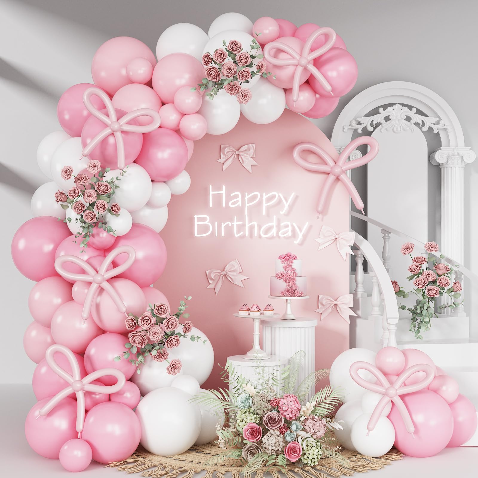HILAVO Pink Bow Balloon Arch Kit 91 Pcs - Coquette Pastel Pink and White Birthday Decor
