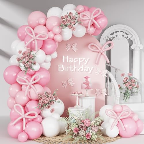 HILAVO Pink Bow Balloon Arch Kit 91 Pcs - Coquette Pastel Pink and White Birthday Decor