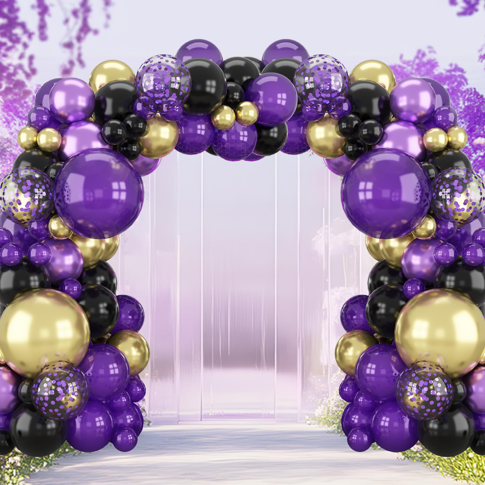 HILAVO Purple Black and Gold Balloon Arch Kit – 85 Piece Graduation Garland with Dark Purple, Metallic Gold, Confetti Balloons