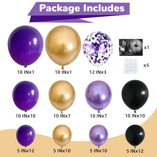HILAVO Purple Black and Gold Balloon Arch Kit – 85 Piece Graduation Garland with Dark Purple, Metallic Gold, Confetti Balloons