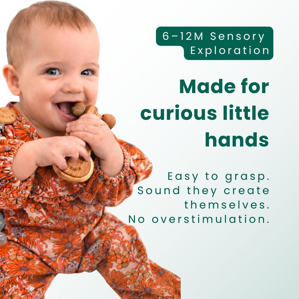 HippoToys Wooden Baby Rattle - Natural Beechwood Teething Toy for 0-12 Months, Montessori Sensory Gift