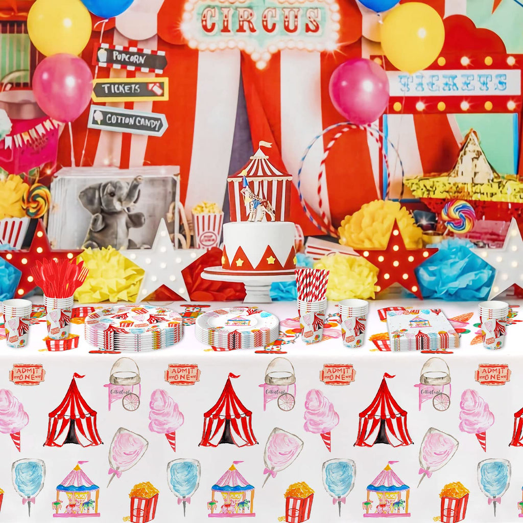 HIPVVILD Circus Theme Tablecloths 4 Pack - 54x108 Inch Disposable Plastic Table Cover for Carnival Birthday Parties