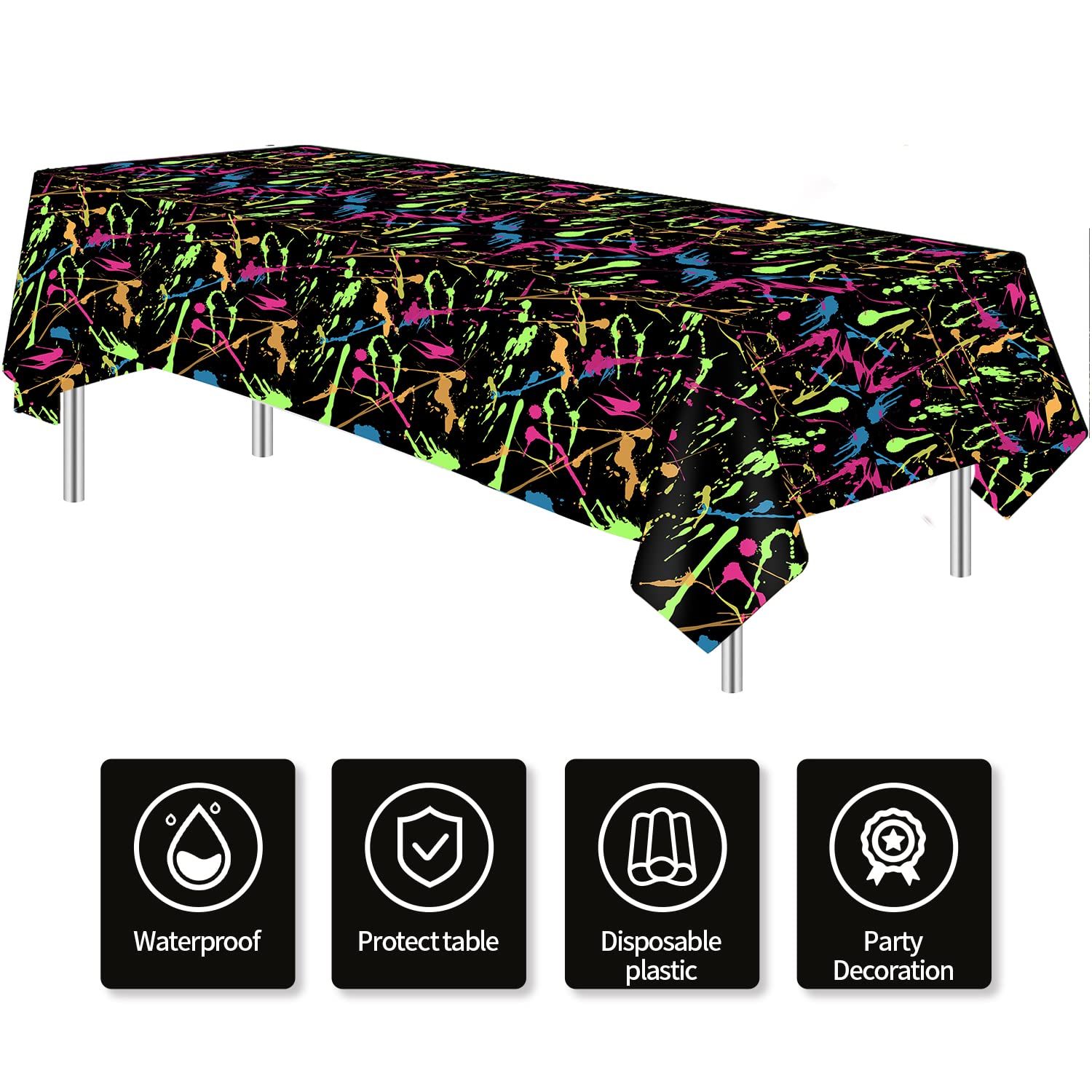 HIPVVILD Neon Party Tablecloths - 4 Pack Disposable Glow Graffiti Table Cover 54x108 Inches