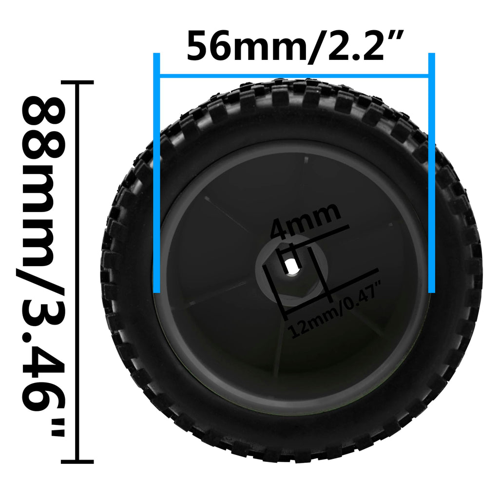 HIRCQOO 4-Pack 1/10 Scale RC Buggy Tires and Wheels – 88mm OD, 12mm Hex, Soft Rubber with Foam Inserts