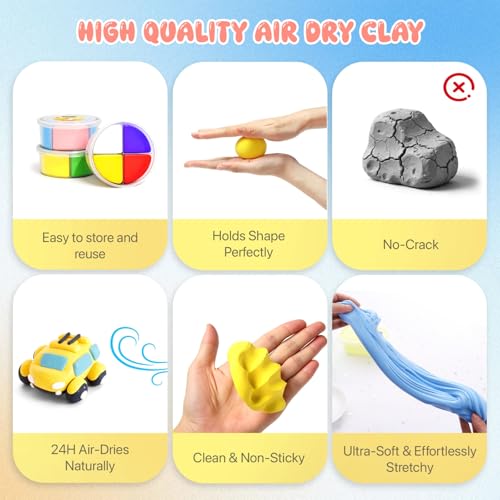 hittaty Air Dry Clay Kit for Kids – 12 Boxes Traffic Model Magic Clay with Tools, Soft Non-Sticky Self-Drying Clay for Ages 3+