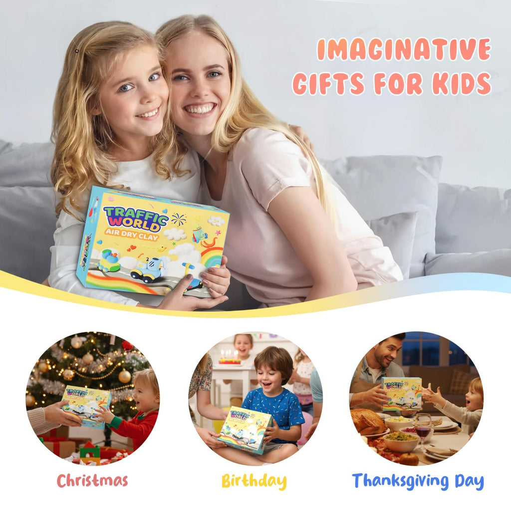 hittaty Air Dry Clay Kit for Kids – 12 Boxes Traffic Model Magic Clay with Tools, Soft Non-Sticky Self-Drying Clay for Ages 3+
