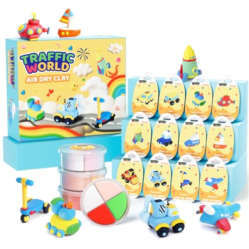 hittaty Air Dry Clay Kit for Kids – 12 Boxes Traffic Model Magic Clay with Tools, Soft Non-Sticky Self-Drying Clay for Ages 3+