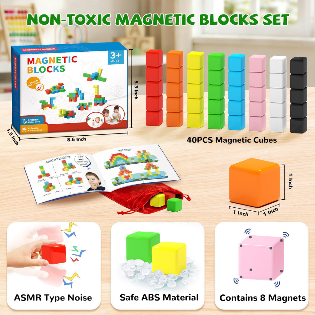 Hiwawind 40pc Magnetic Cubes: Safe STEM Building Blocks for Kids Ages 3-6 with Satisfying Click Sounds