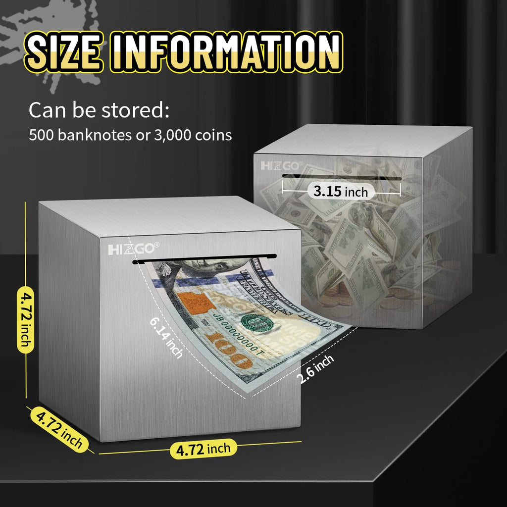 hizgo 4.7-Inch Stainless Steel Piggy Bank – Break-to-Access Savings Cube with Free Stickers