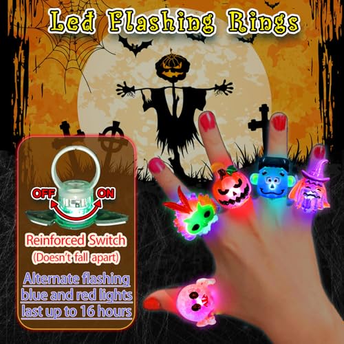 HJZIZI 38-Piece Halloween Party Favors: 28 LED Flashing Rings & 10 Glow Tattoos, Non-Candy Treats for Kids