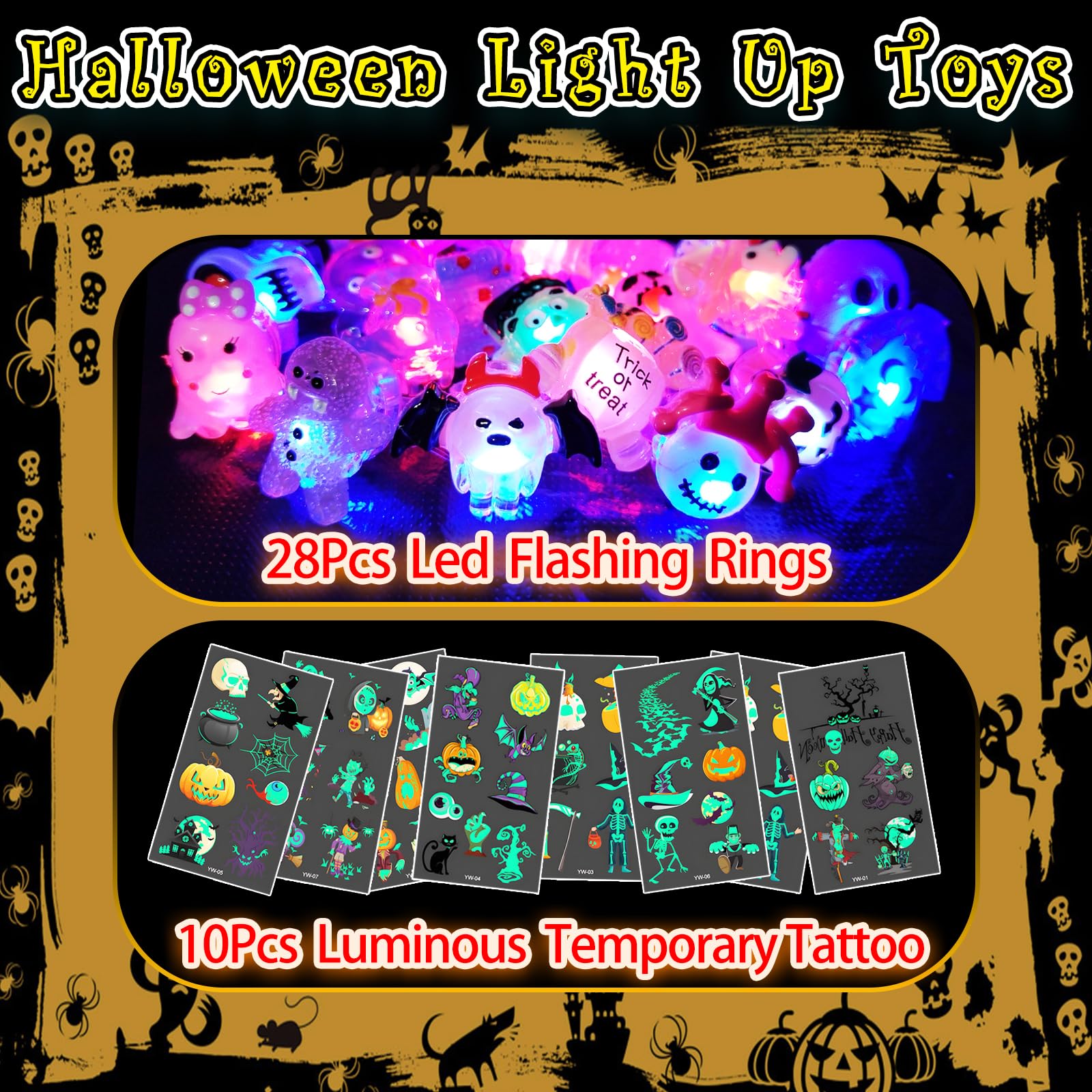 HJZIZI 38-Piece Halloween Party Favors: 28 LED Flashing Rings & 10 Glow Tattoos, Non-Candy Treats for Kids