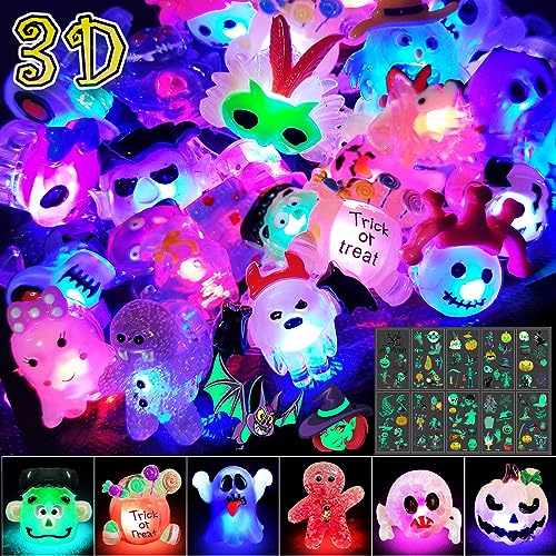 HJZIZI 38-Piece Halloween Party Favors: 28 LED Flashing Rings & 10 Glow Tattoos, Non-Candy Treats for Kids