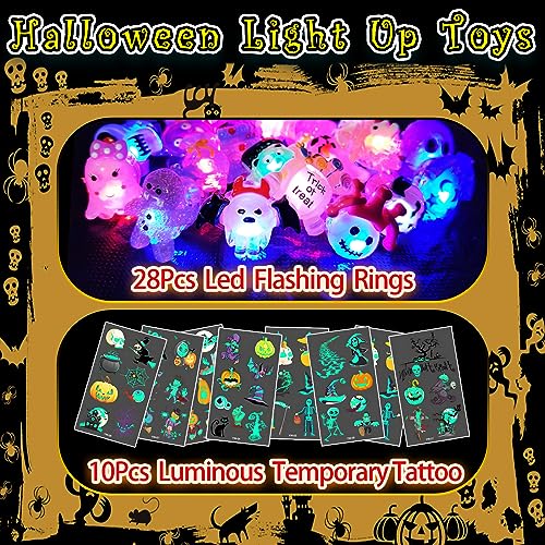 HJZIZI 38-Piece Halloween Party Favors: 28 LED Flashing Rings & 10 Glow Tattoos, Non-Candy Treats for Kids
