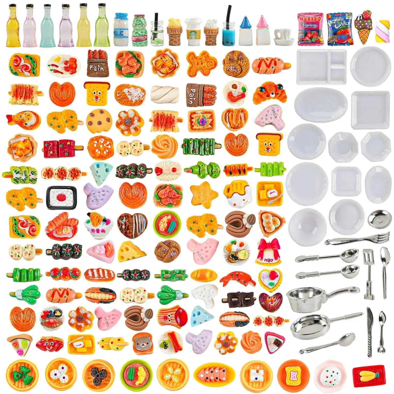 HKLMRO 150-Piece Resin Miniature Food and Drink Set for Dollhouse Pretend Play