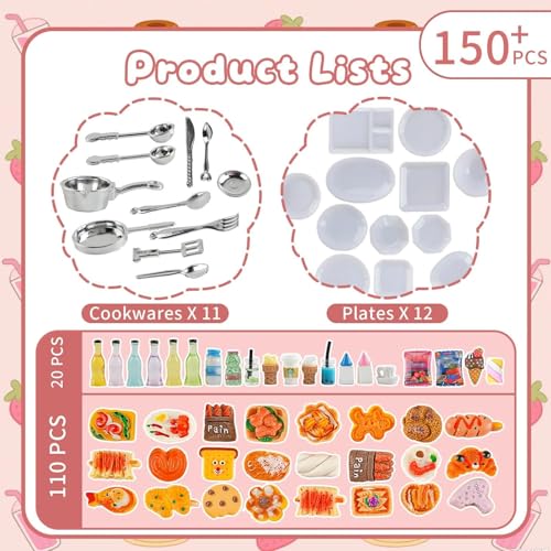 HKLMRO 150-Piece Resin Miniature Food and Drink Set for Dollhouse Pretend Play
