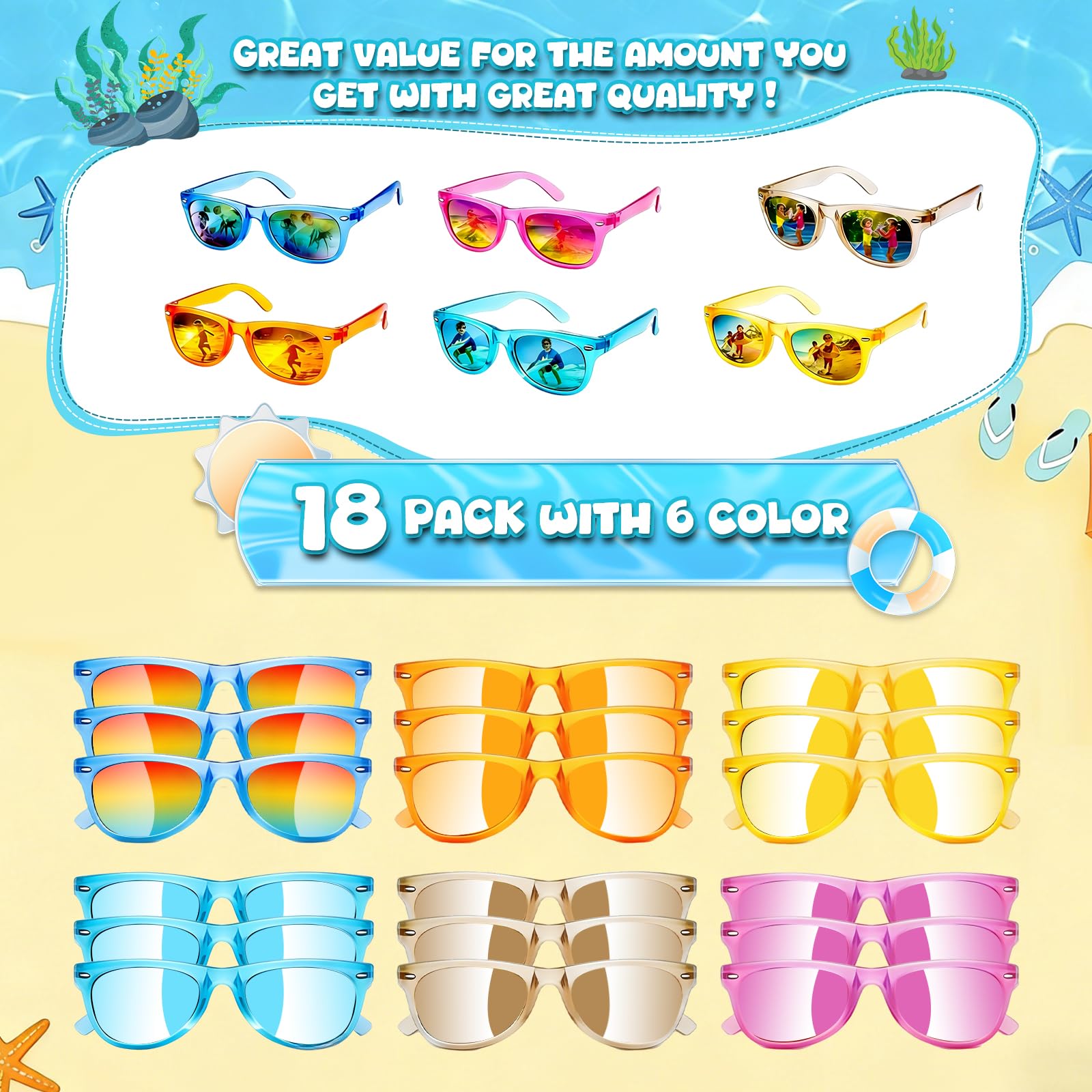Hldgras 18 Pack Kids Sunglasses - UV400 Polarized Neon Party Favors for Ages 3-8