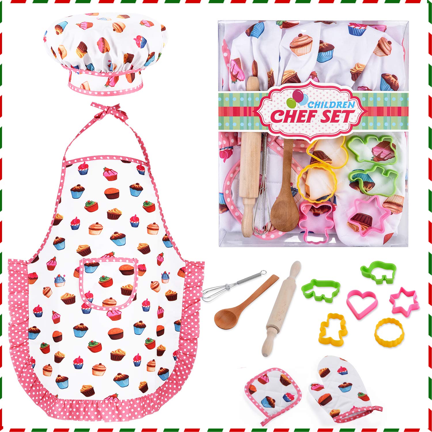 HmiL-U 13-Piece Kids Chef Set with Apron, Hat & Baking Tools for Girls Ages 3-10 (Cake Theme)