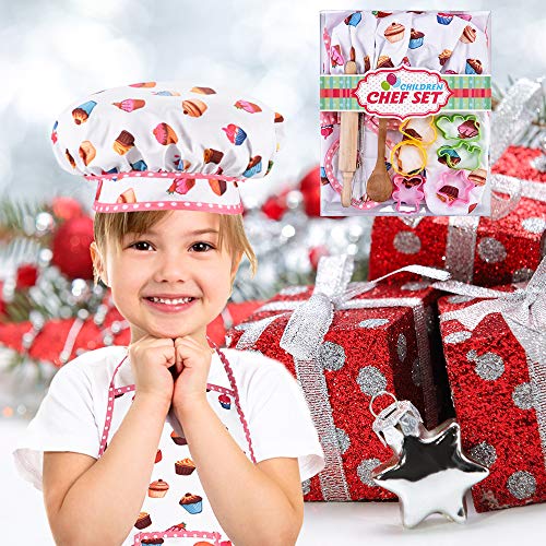 HmiL-U 13-Piece Kids Chef Set with Apron, Hat & Baking Tools for Girls Ages 3-10 (Cake Theme)