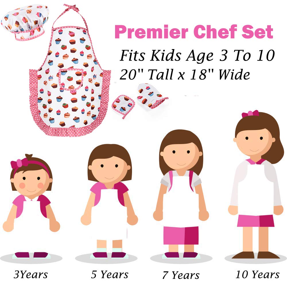 HmiL-U 13-Piece Kids Chef Set with Apron, Hat & Baking Tools for Girls Ages 3-10 (Cake Theme)