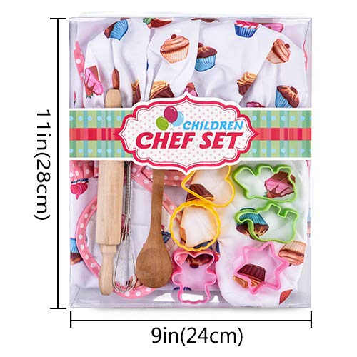 HmiL-U 13-Piece Kids Chef Set with Apron, Hat & Baking Tools for Girls Ages 3-10 (Cake Theme)