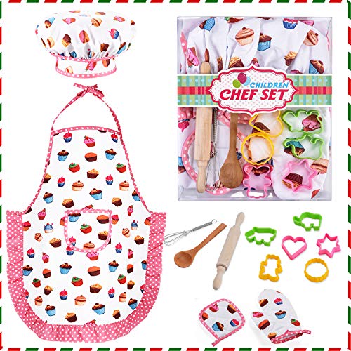 HmiL-U 13-Piece Kids Chef Set with Apron, Hat & Baking Tools for Girls Ages 3-10 (Cake Theme)