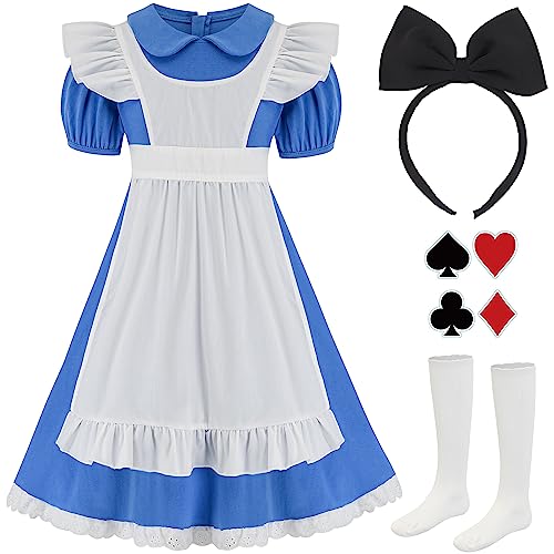 HMPRT Girls Halloween Costume Set – Blue Peter Pan Dress, Apron, Headband, Socks & Stickers