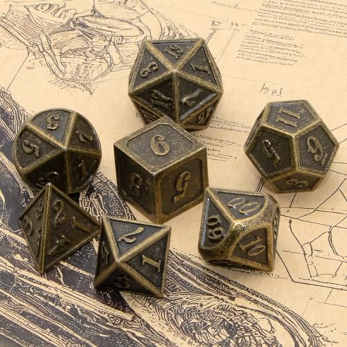 HNCCESG Metal Dice Set 7-Piece Polyhedral for D&D Pathfinder - Antique Bronze