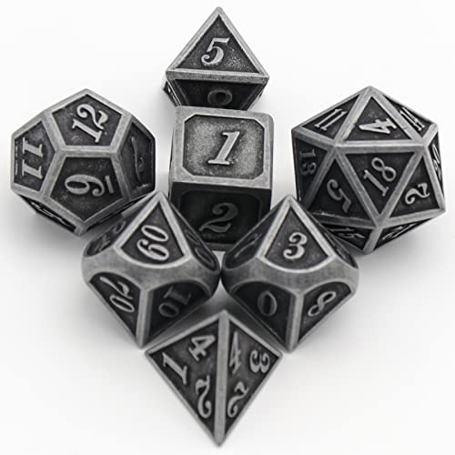 HNCCESG Metal Dice Set – 7 Polyhedral Zinc Alloy Dice for D&D and RPGs (Ancient Silver)